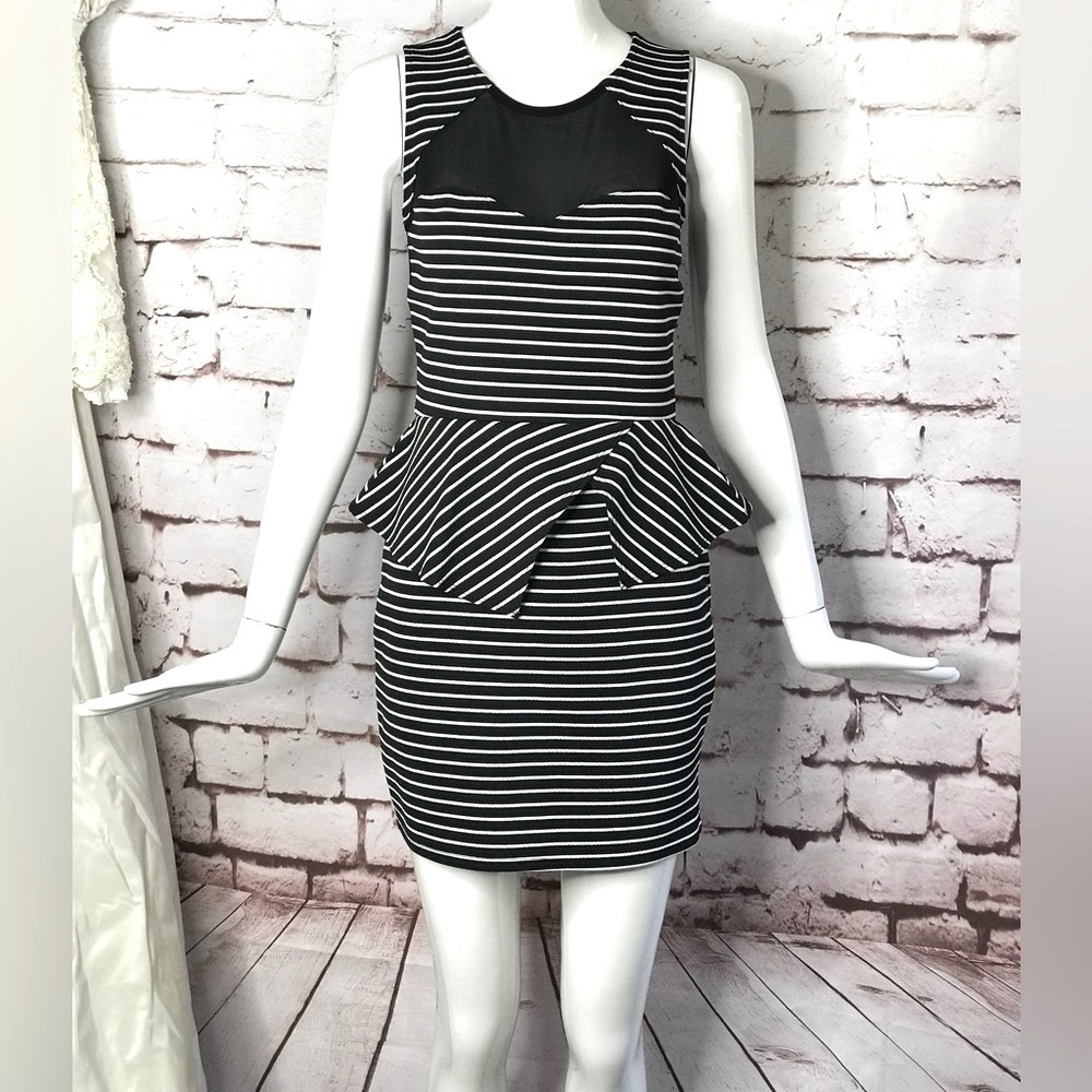 MATERIAL GIRL S Peplum Mesh Back Sleeveless Black & White Stripe Dress Small NWT - Picture 9 of 16